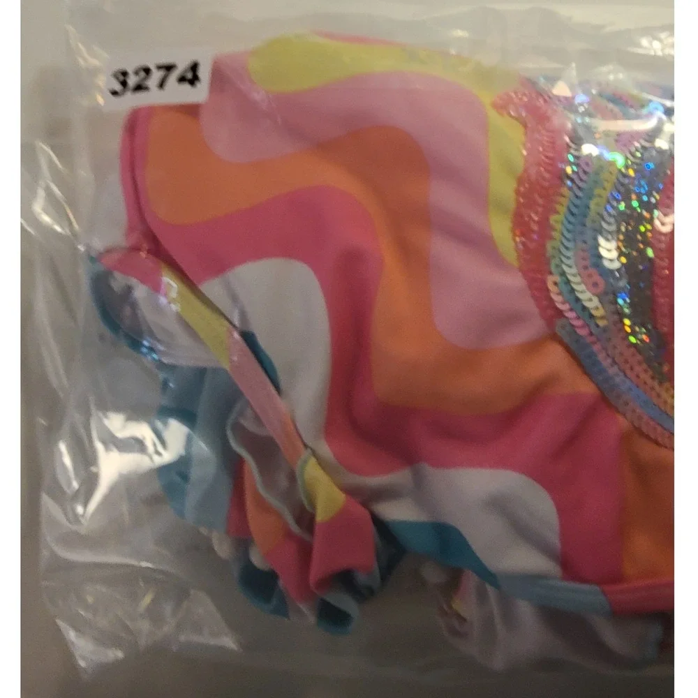 Betsey Johnson Girls XL 14 Sequin Unicorn One Piece Swimsuit Retro Wavy Pom Pom